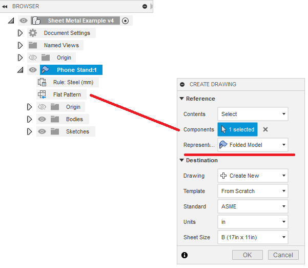 Fusion 360에서 판금 도면을 작성할 때 "표현" 옵션이 누락됨