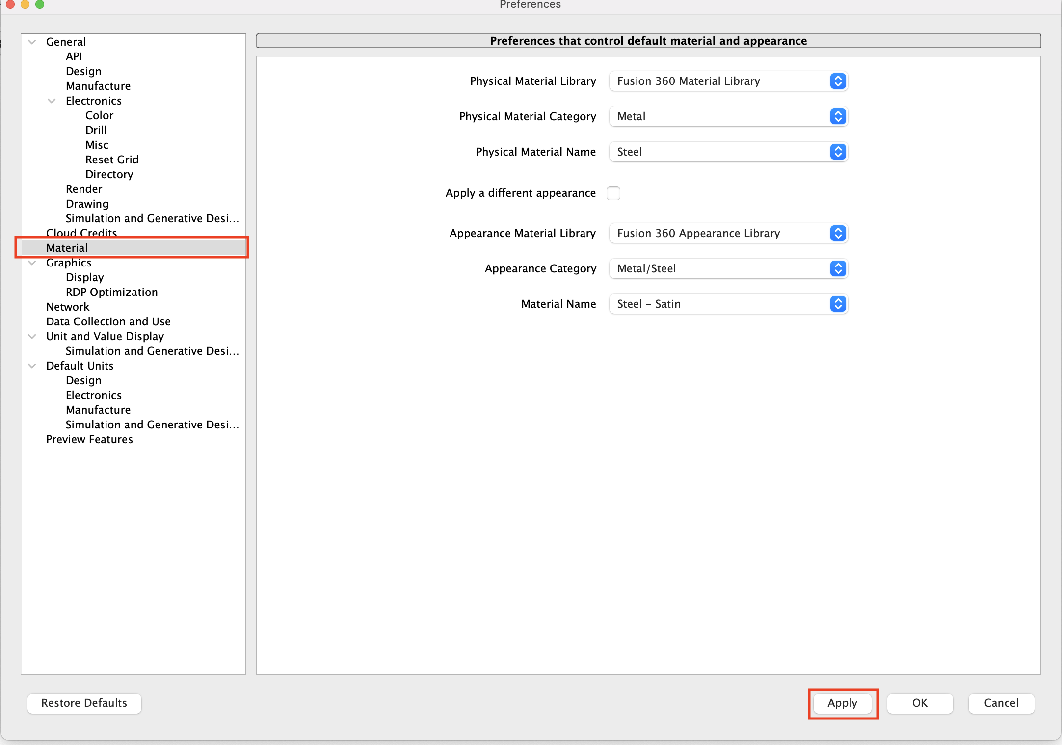 如何在 Fusion 中更改默认材料