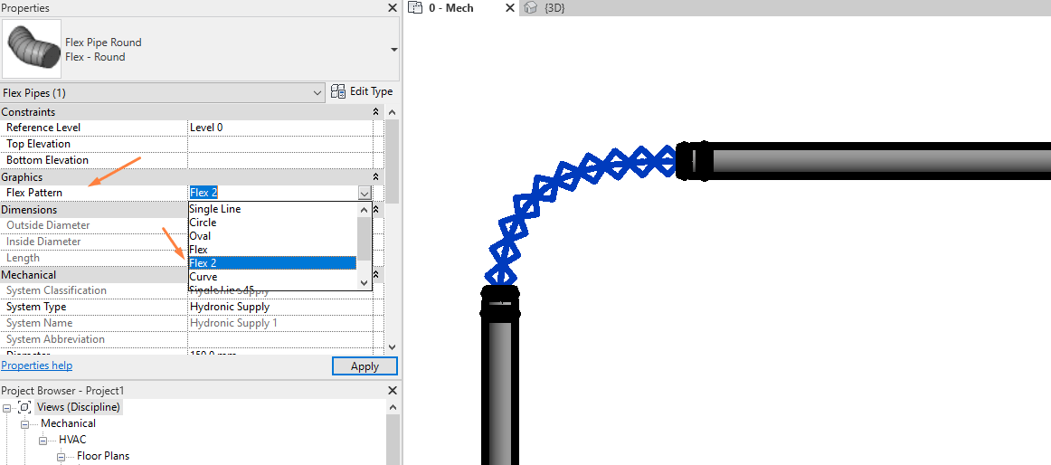 Flex pipe representation in plan view is different than in 3D view in Revit