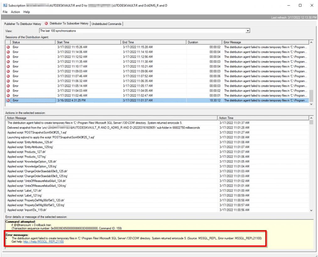 "Distribution agent failed to create temporary files..." in Vault