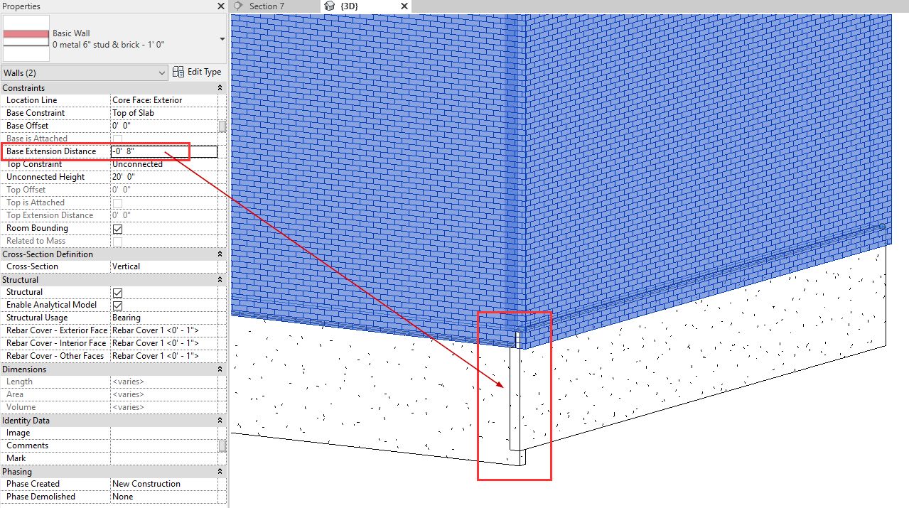 Structural Wall foundation with brick ledge not joining correctly in Revit