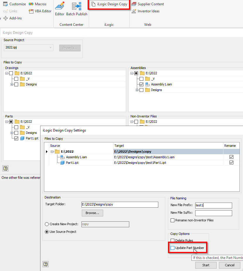 Vault Basic 2022에서 Copy Design 기능 "복사한 파일의 부품 번호 업데이트"가 작동하지 않습니다.