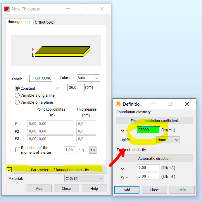 How to find spring coefficient K defined in nodes for slab 