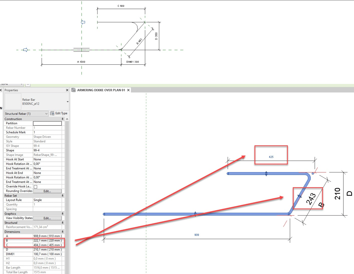 Rebar shape with wrong dimensions in Properties in Revit