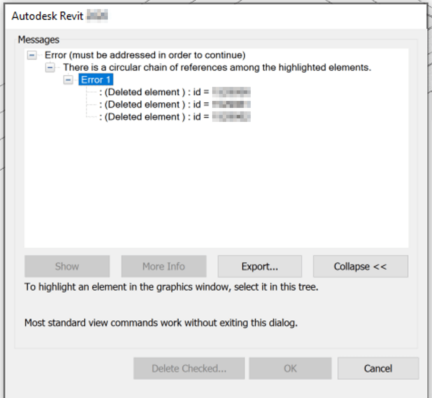 Revit에서 링크된 파일을 결합하려고 할 때 "순환 참조 체인이 있습니다..." 오류 발생