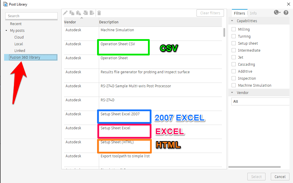 How to create a CSV or Excel setup sheet in Fusion 360