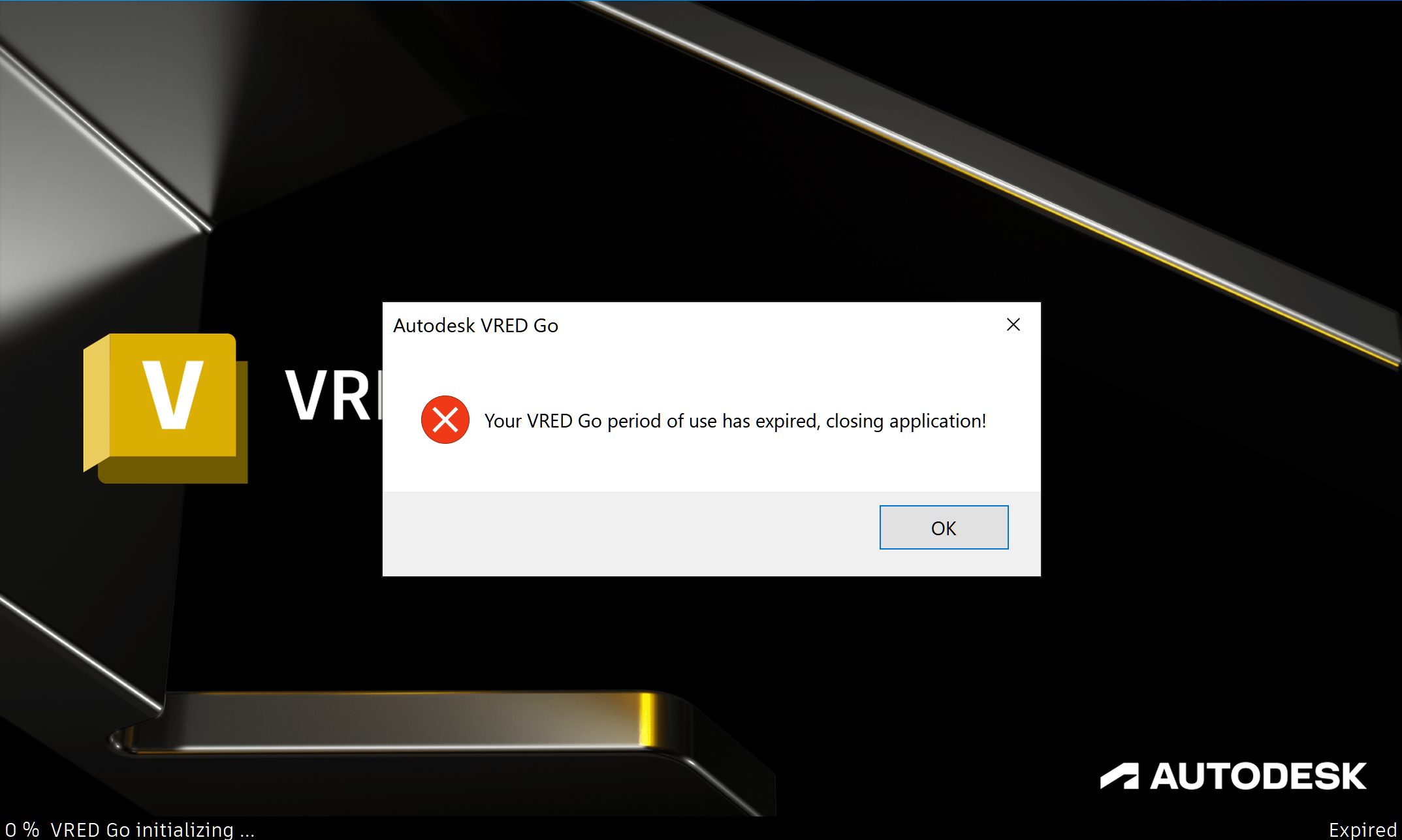 "Your VRED Go period of use has expired. closing application!"とメッセージが表示