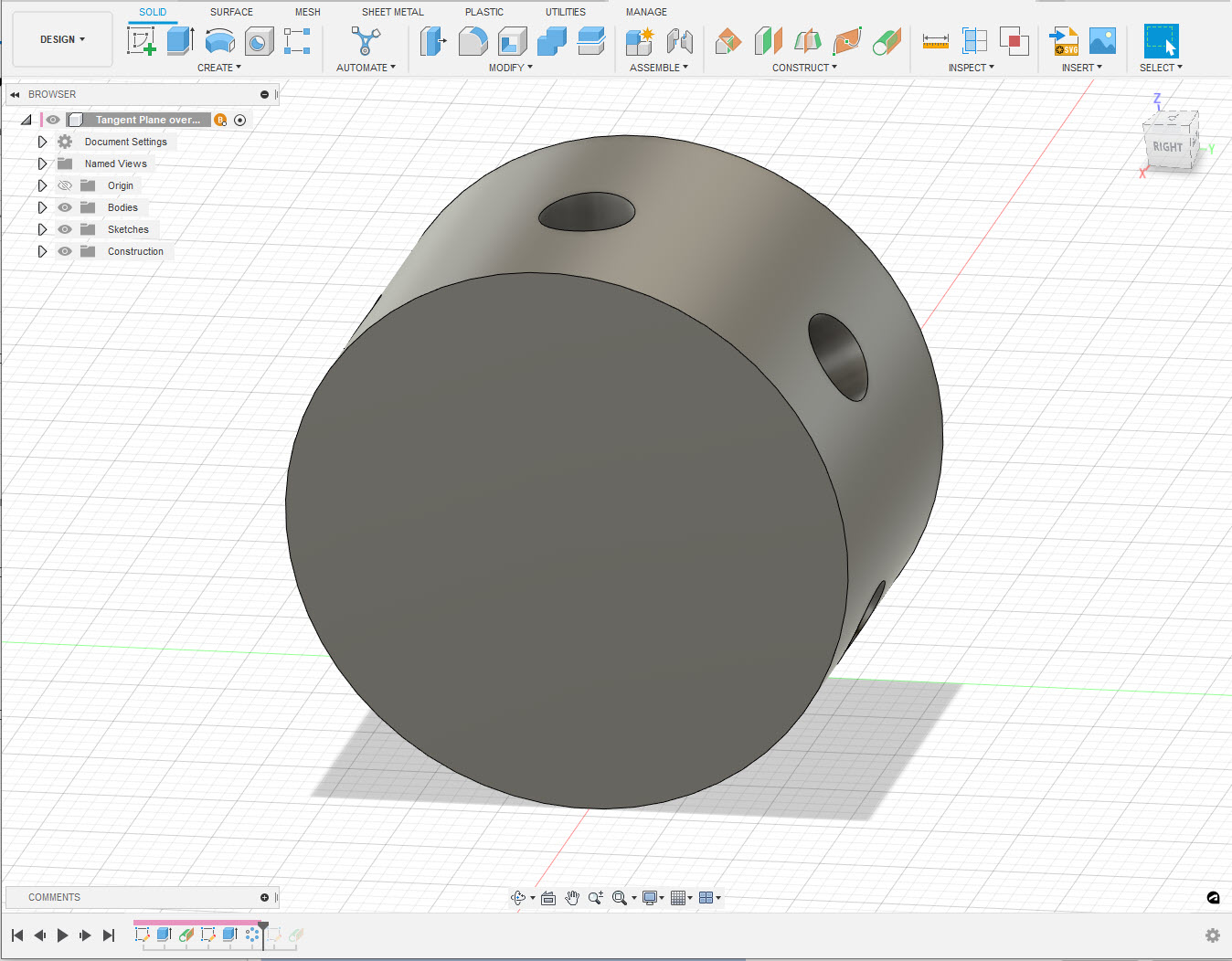 Fusion 360에서 원통의 구멍 위에 평면 방향을 지정하는 방법