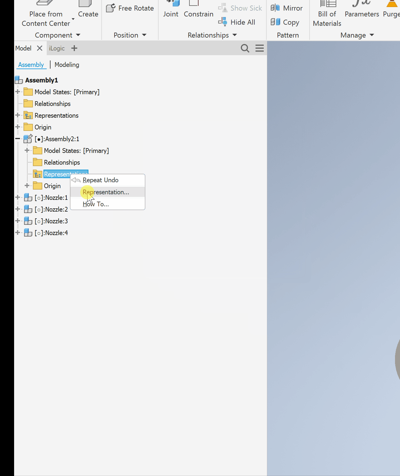 The plus sign by representation in model browser of subassemblies in