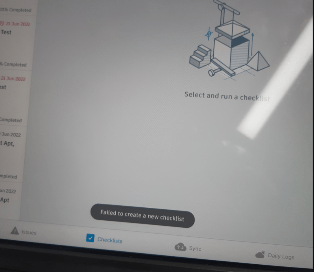 "Failed to create a new checklist" message comes up when creating a Checklist in BIM 360 iPad