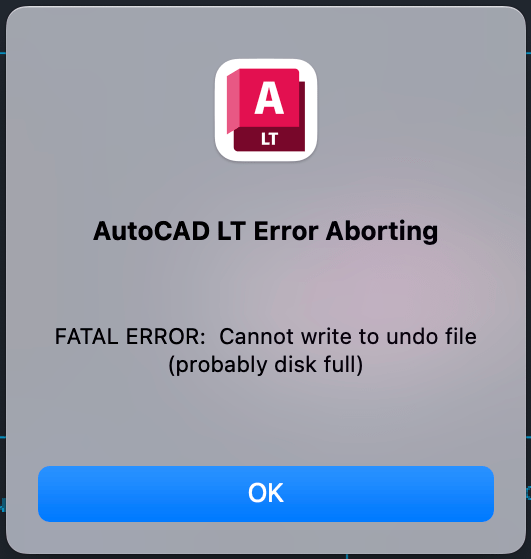 AutoCAD for Mac에서 작업하는 동안 "치명적 오류: 명령취소 파일에 쓸 수 없음(디스크가 가득 참)" 발생