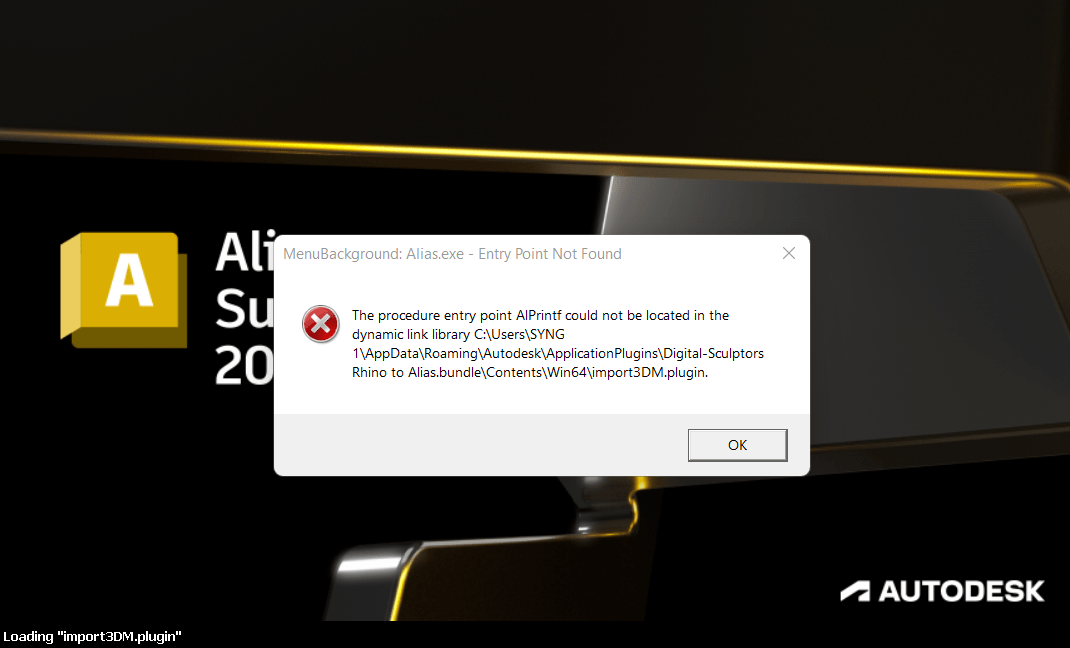 "MenuBackground Alias.exe Entry Point Not Found" message when