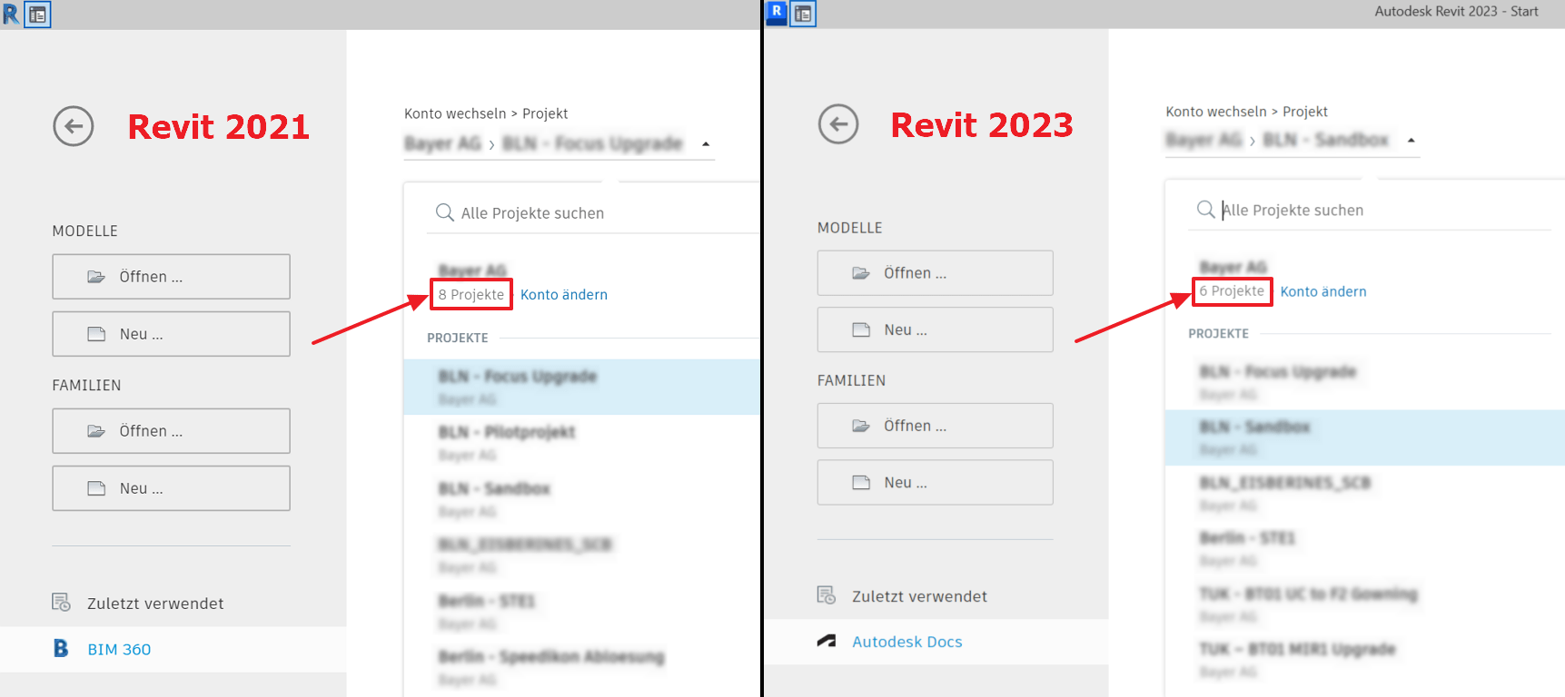 Difference in number of available cloud projects from Home page in