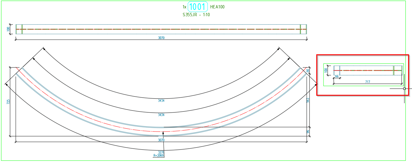Rotated side view of curved beam in details in Advance Steel