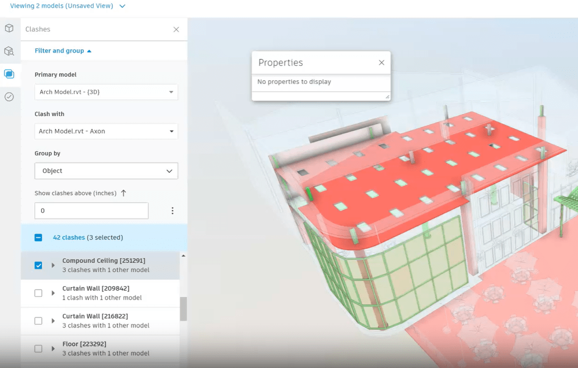 "No properties to display" appears when selecting an element in Clashes