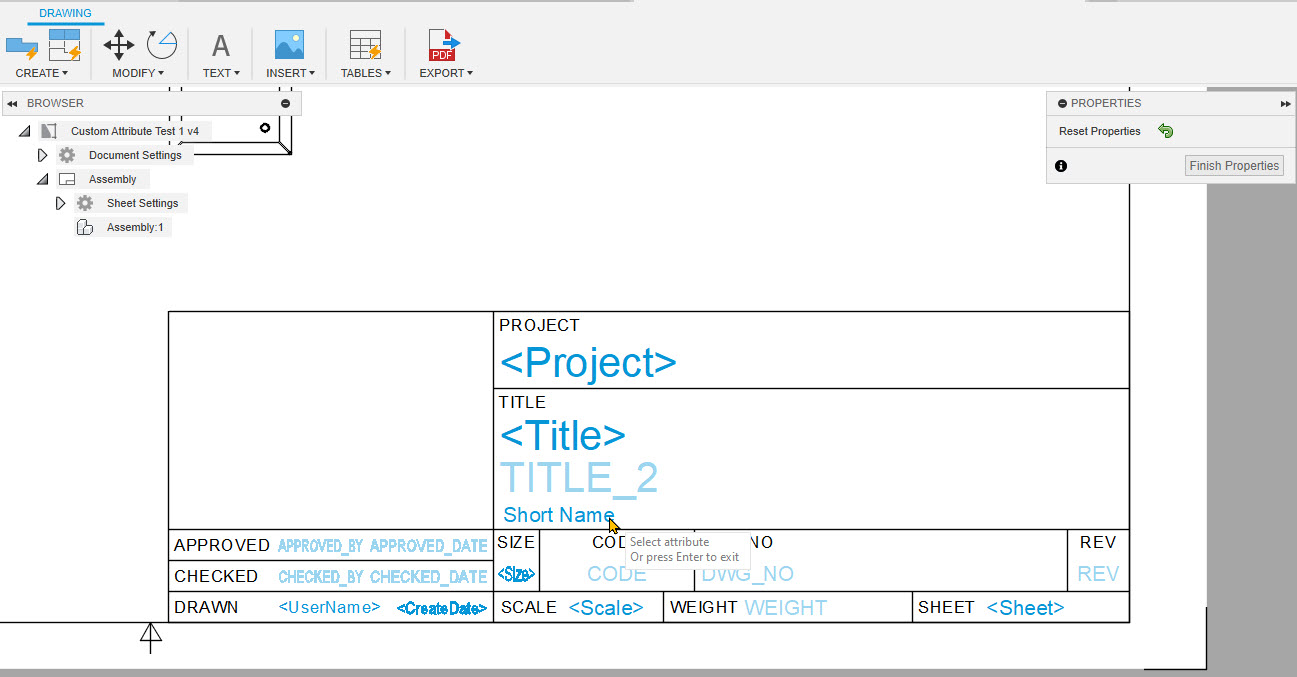 Set a custom name or other attribute in a title block in Autodesk Fusion
