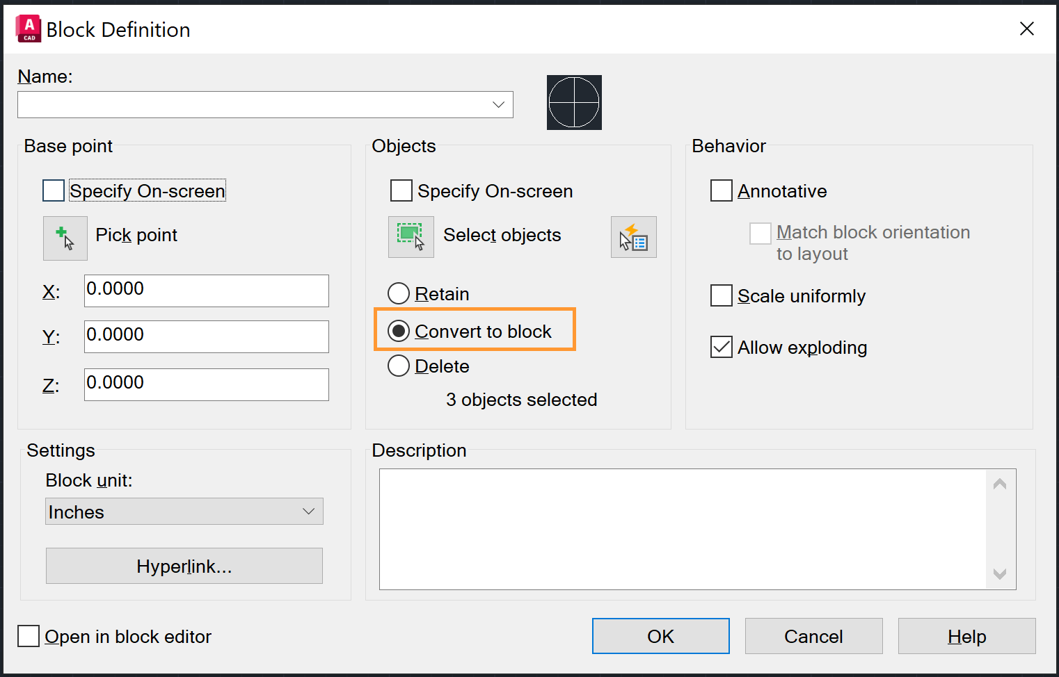 BLOCK[ブロック登録]コマンドを使用しても、選択したオブジェクトはAutoCADのブロック定義に変換されません