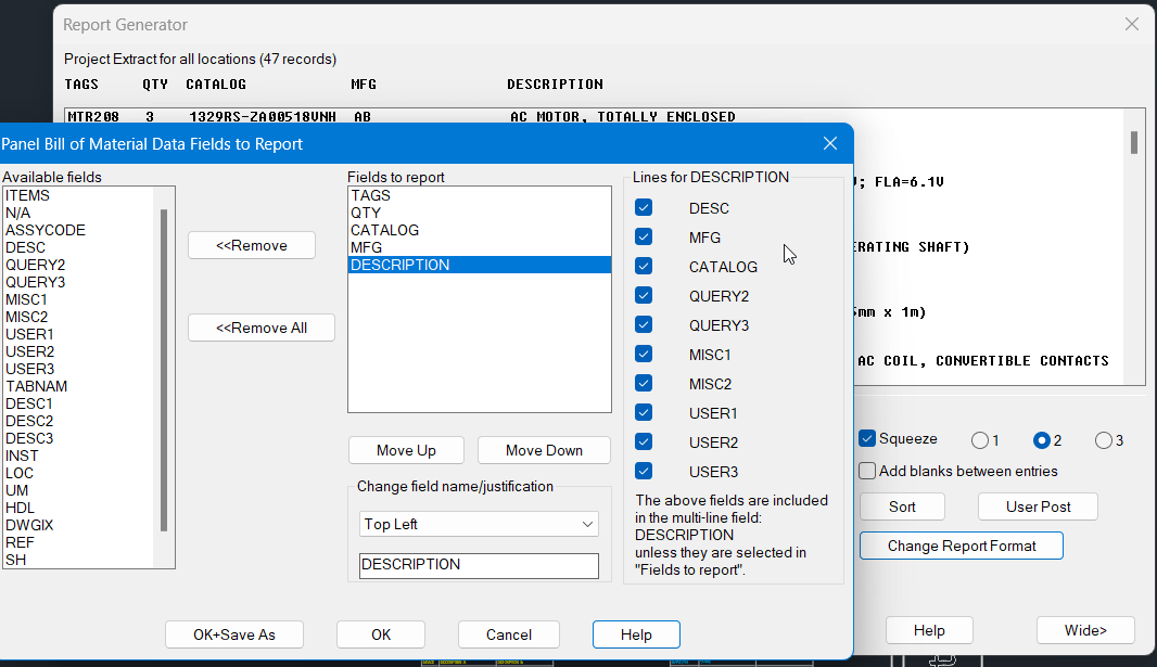 BOM 보고서의 일부 항목에 AutoCAD Electrical의 카탈로그 설명 정보가 누락되어 있습니다.