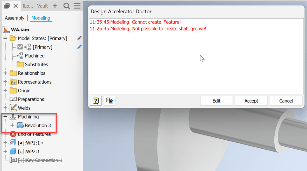 "Not possible to create shaft groove!" when using Parallel Key