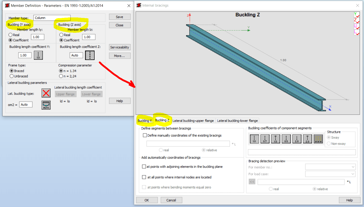 Does bucklingy mean buckling in y direction or around y axis while