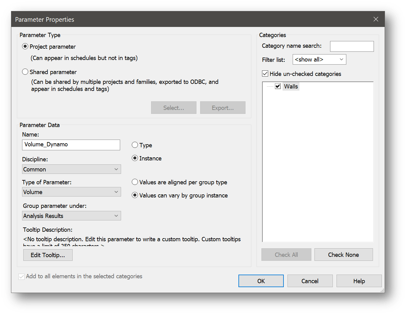 Come calcolare il volume di un modello locale con una categoria di muro