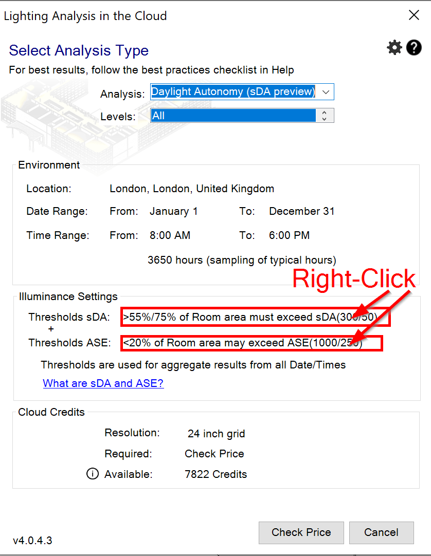 The button to modify the Daylight Autonomy's sDA Threshold is missing in Revit