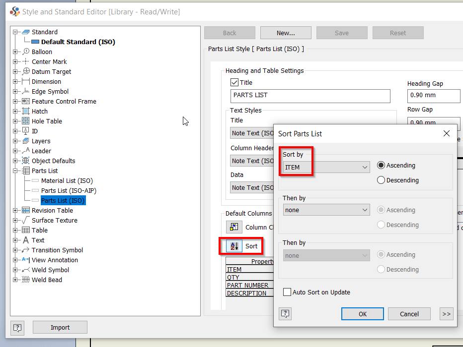 Cannot permanently save sorting by ITEM in parts list style of Inventor