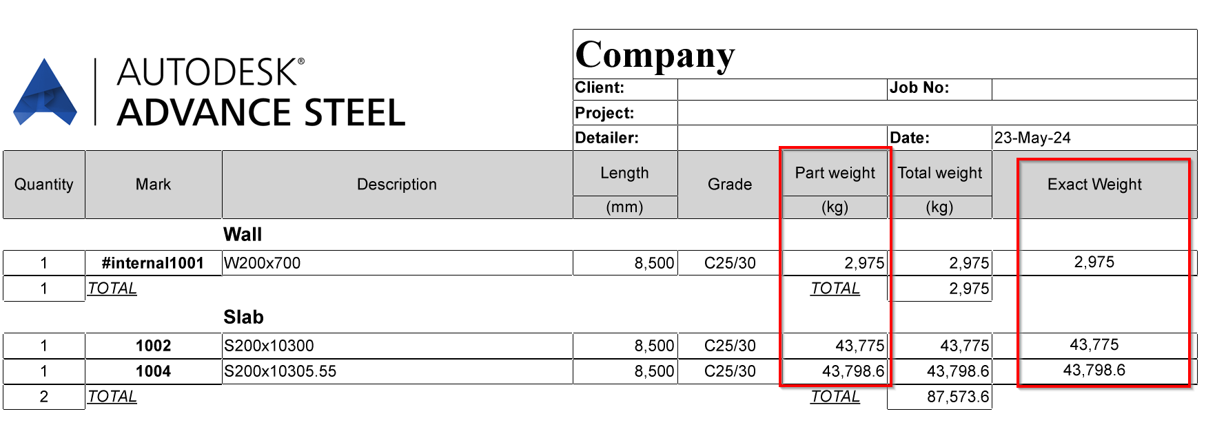 "Exact weight" shows the "Weight" value for concrete slab in BOM list
