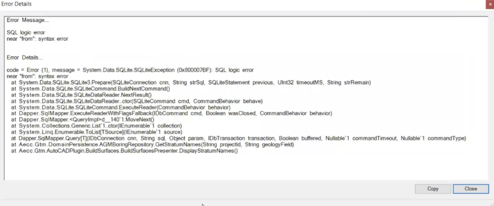 Error "SQL logic error" in the Geotechnical Modeler of Civil 3D
