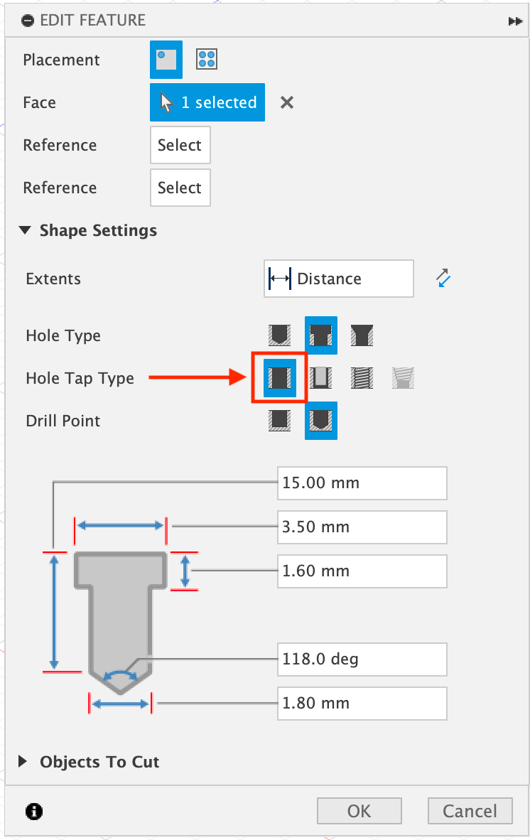 How to set custom counterbore diameter and depth in Fusion