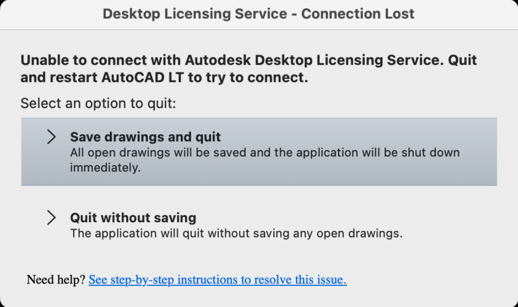 在 macOS 上启动 Autodesk 2025 或更高版本软件时显示“无法与 Autodesk Desktop Licensing