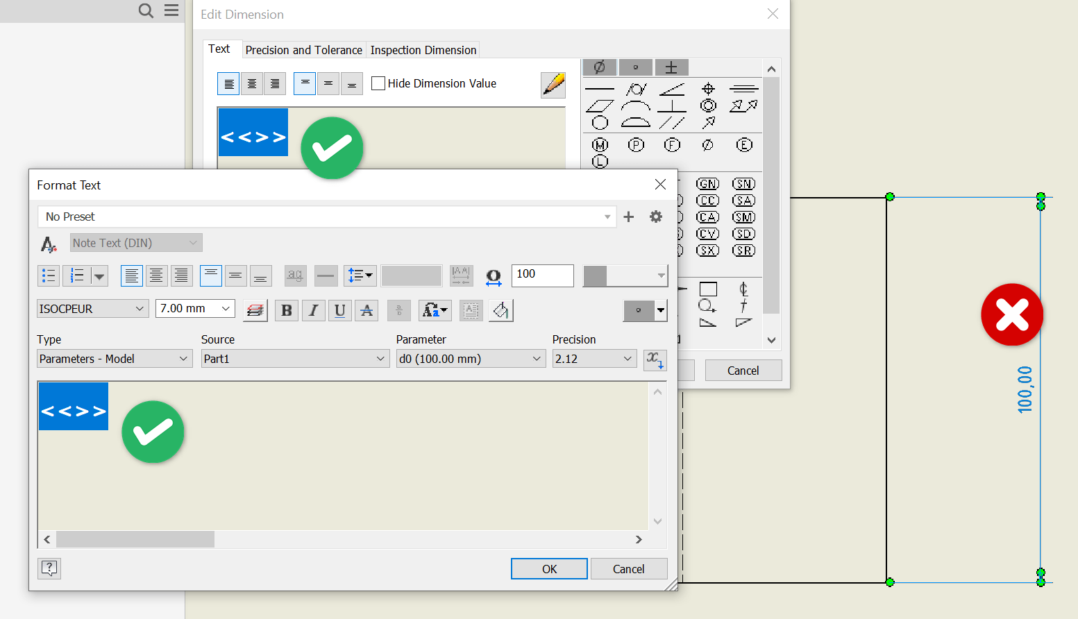 Inventor図面でフォントサイズの形式テキストエディタを変更しても、寸法値サイズは変更されません