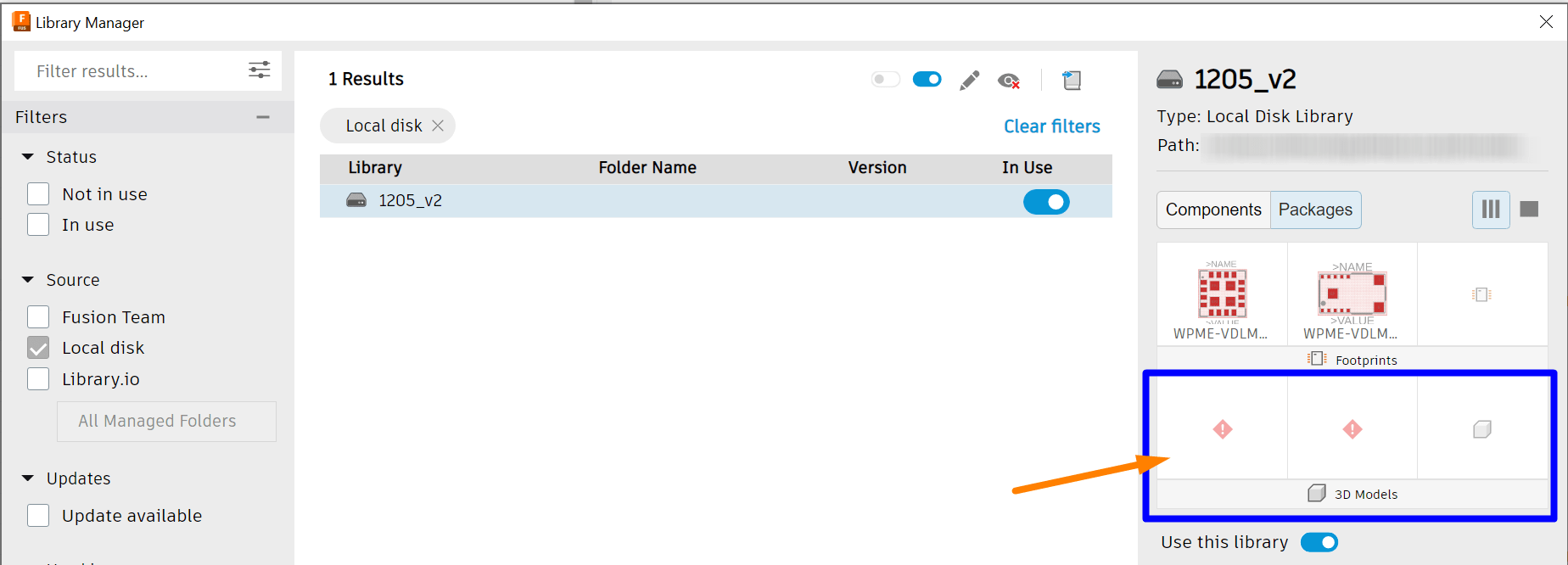 3D package for local library not showing in Fusion electronics design