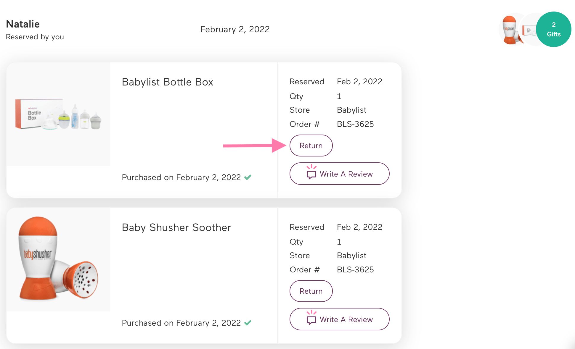How do I return a gift purchased for me from the Babylist Shop