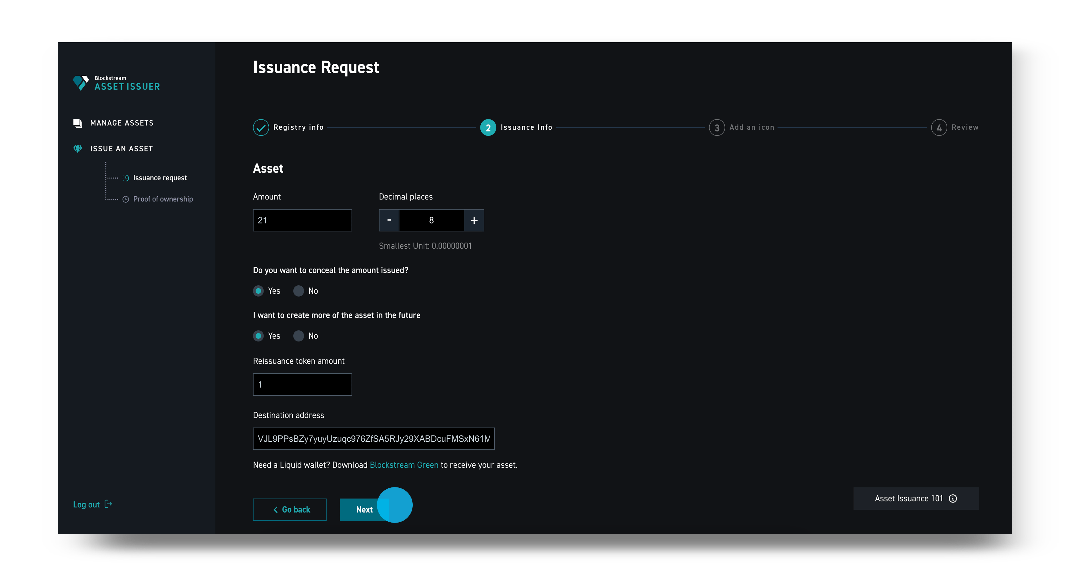 How do I issue a Liquid asset with the Blockstream Asset Issuer