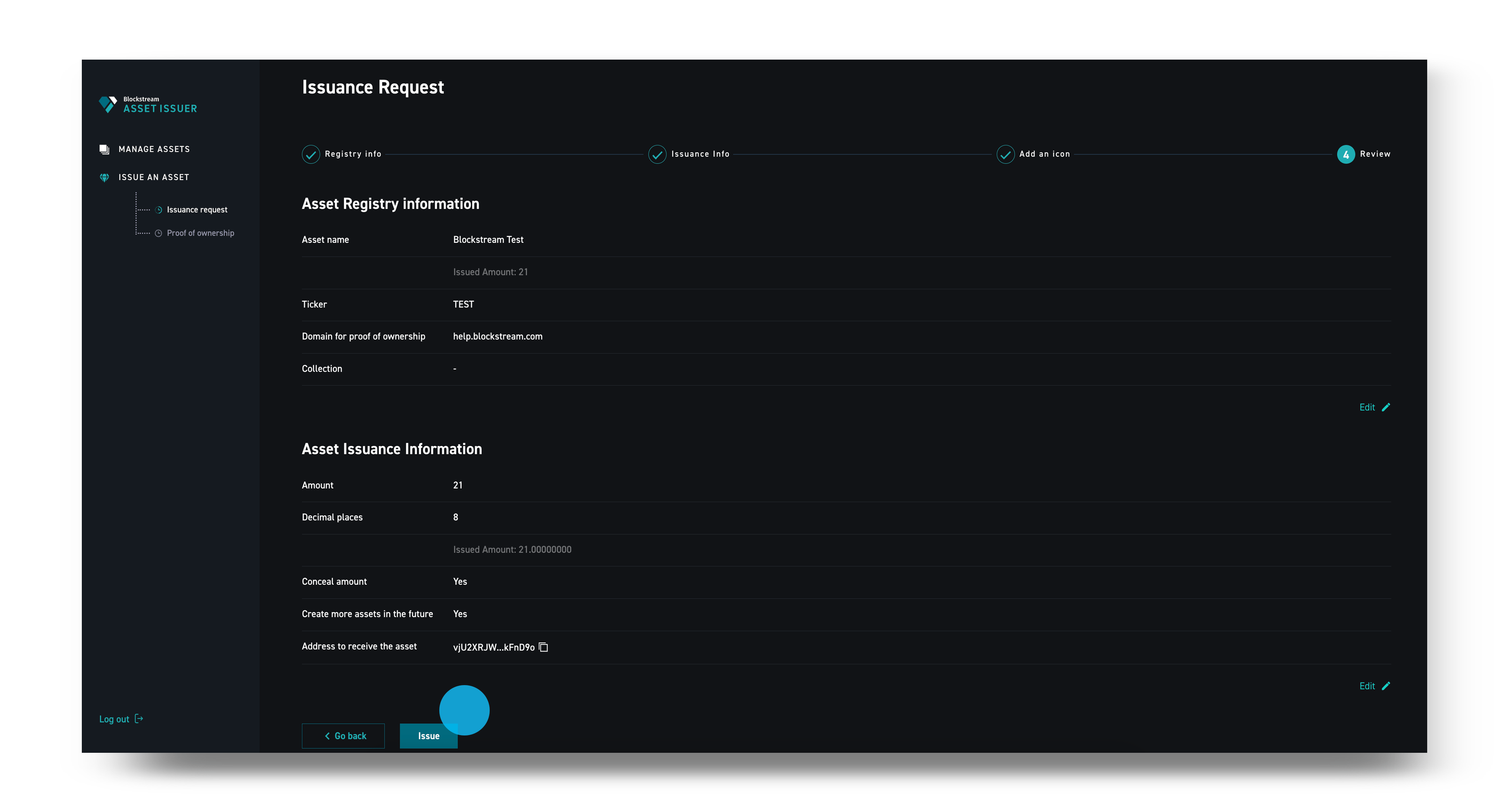 How do I issue a Liquid asset with the Blockstream Asset Issuer