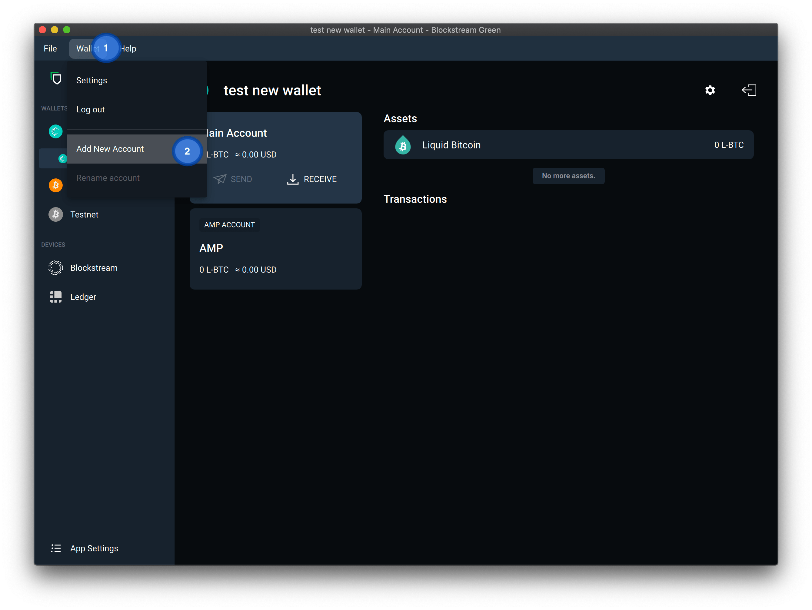 How do I set up an AMP account in an existing Liquid wallet