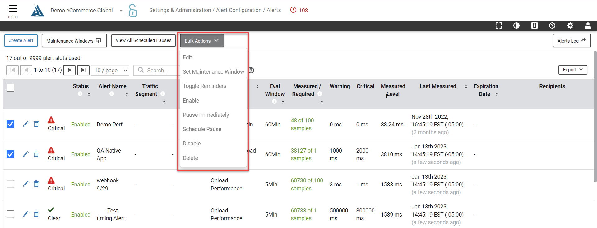 How do I edit multiple of my alerts at the same time? Blue Triangle