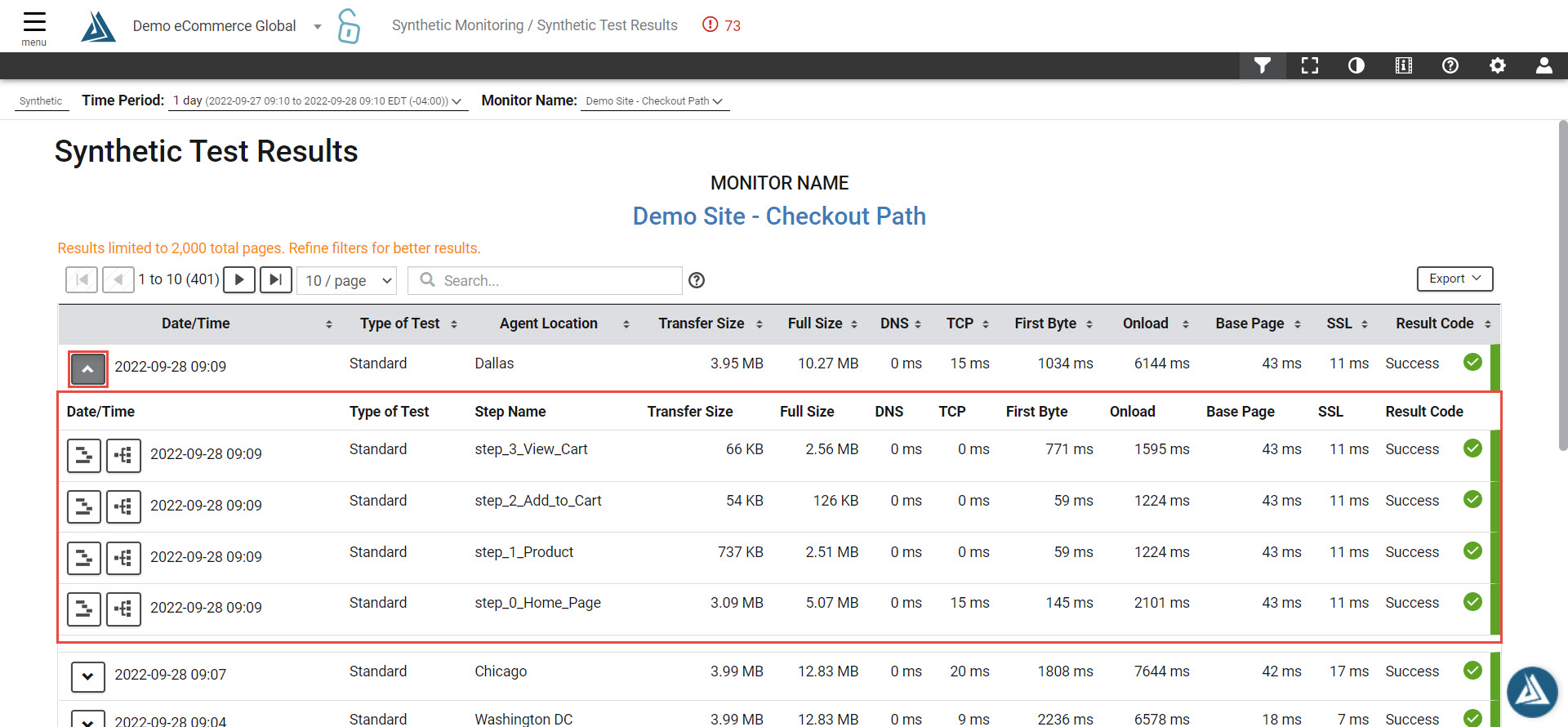 The Synthetic Test Results Page Blue Triangle Help Center
