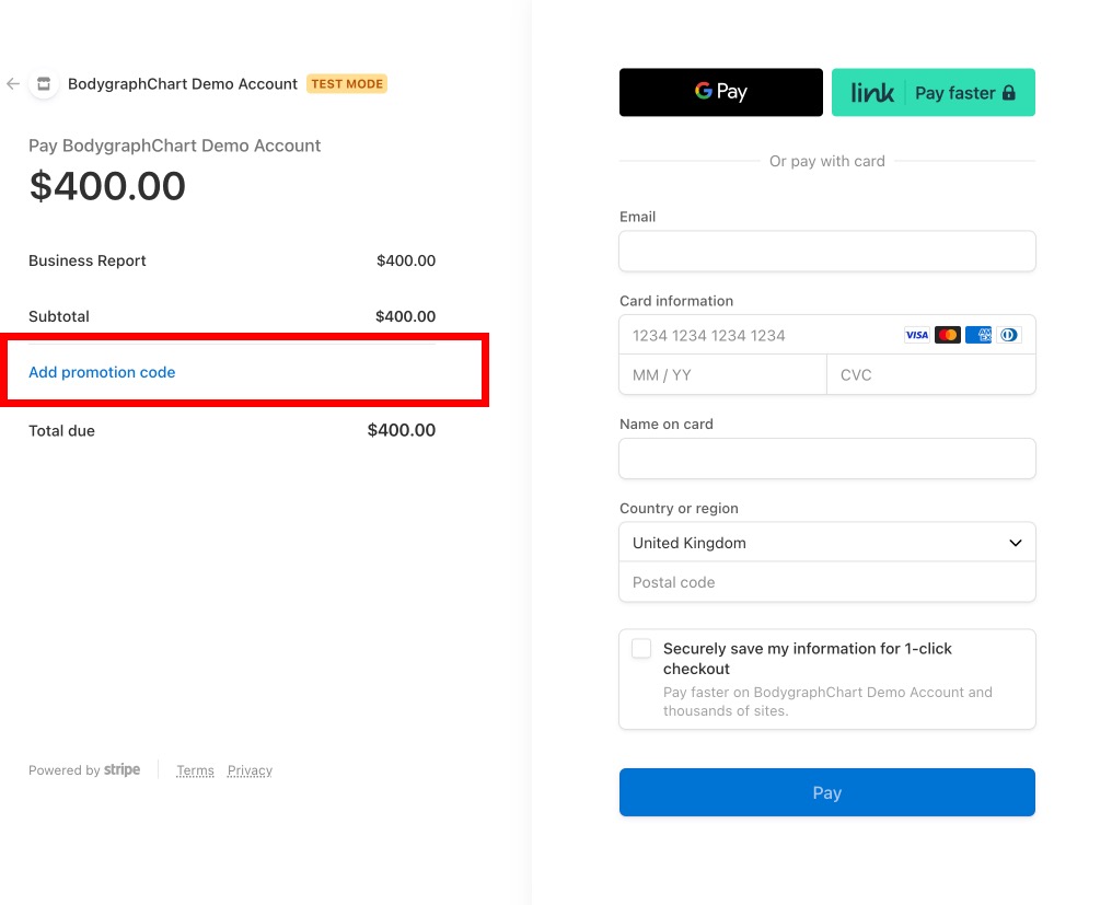 How to add a discount code for my HD Reports? (Stripe) BodyGraph
