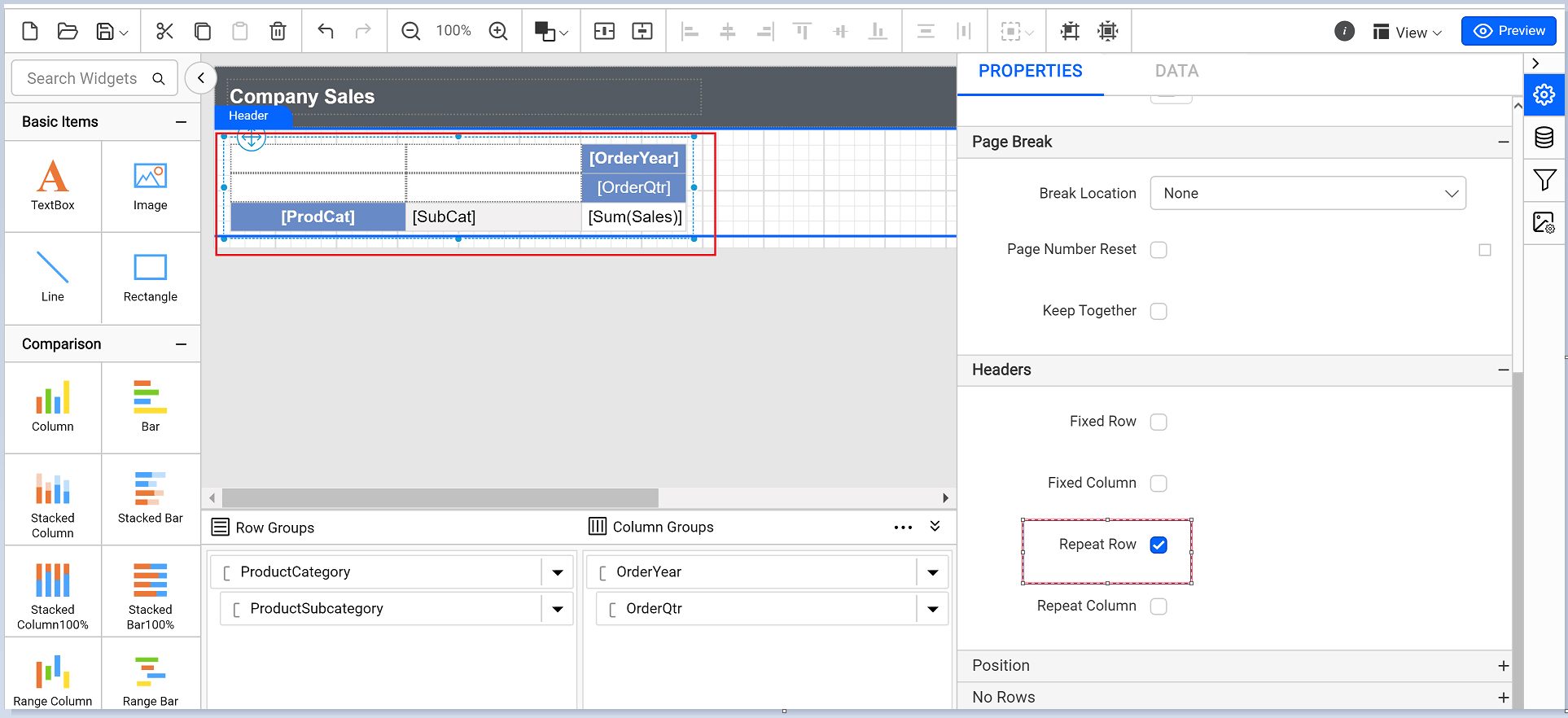 Repeat row and column headers on multiple pages