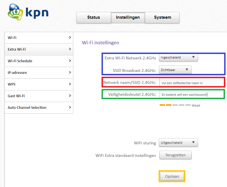 Hoe stel ik 2.4 GHz in op een KPN Box 12 met Experia Wifi punten of
