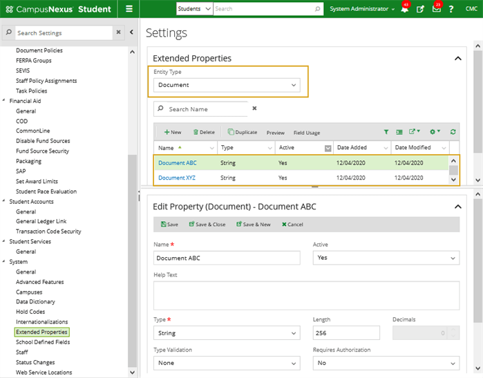 Dropdown List for Extended Properties