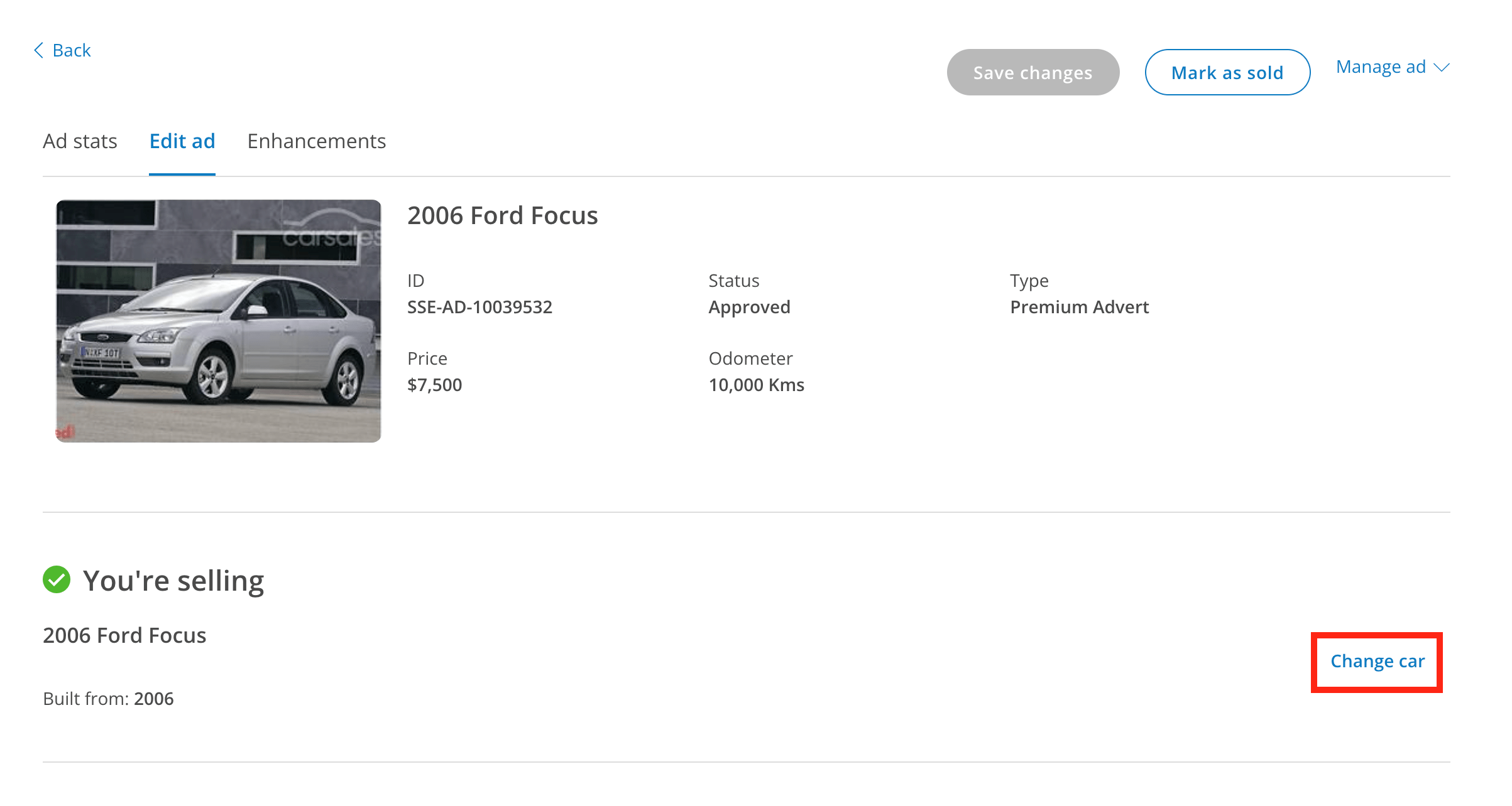 How do I edit the badge or vehicle details on my ad?