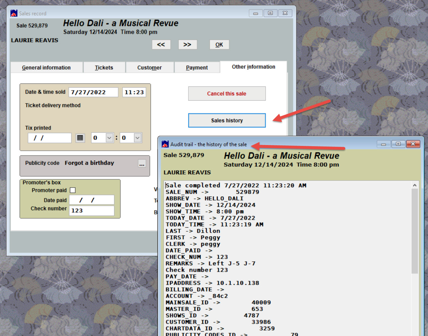Where do you find a sales history within the sales record? Center