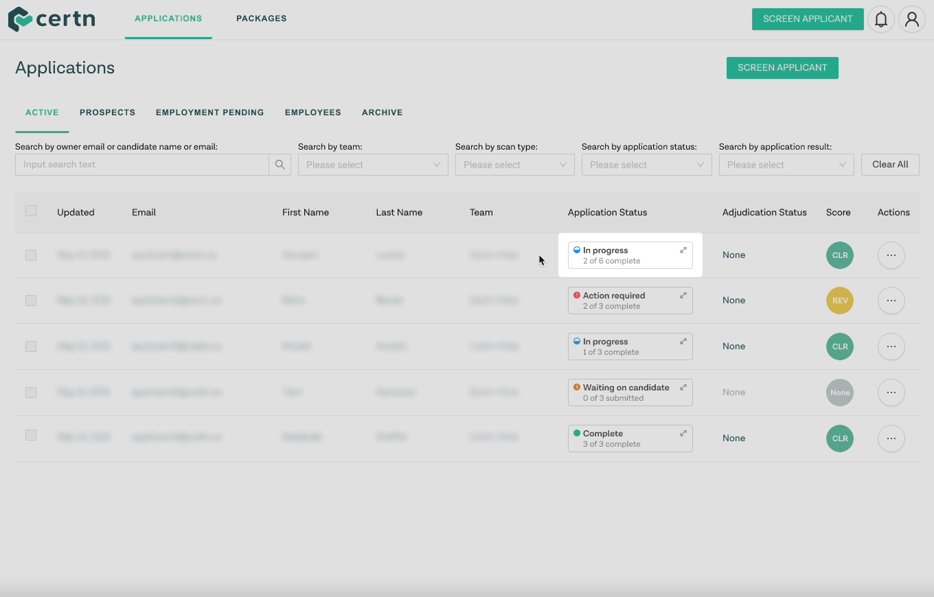 Application and check statuses Certn