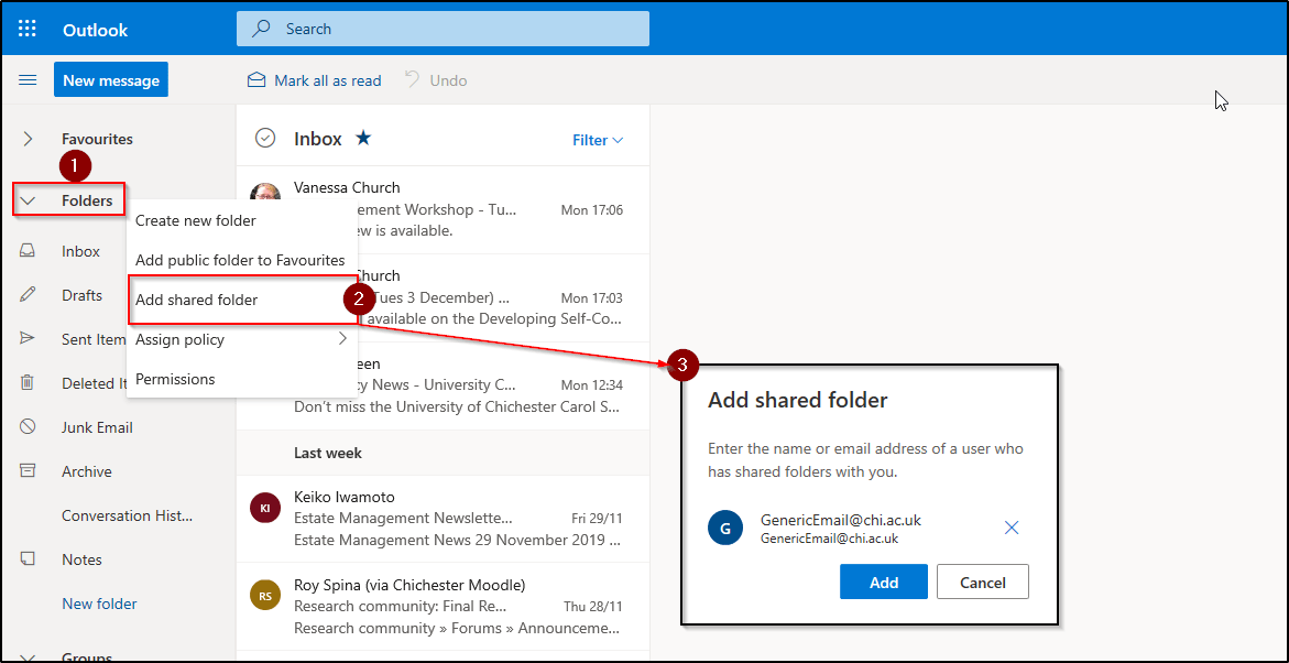 Accessing a generic account or another user's mailbox in Outlook