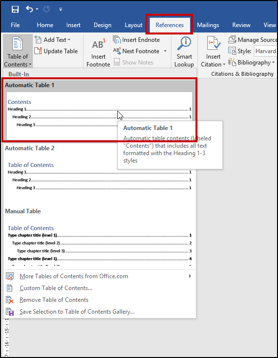 Word Automatic Table of Contents Support and Information Zone