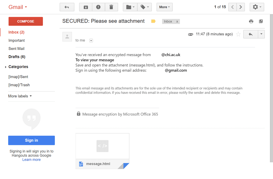 Reading encrypted emails sent from University staff Support and