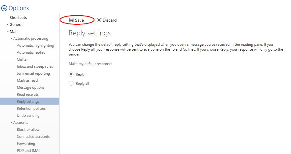Changing the default reply setting in Office 365 Support and